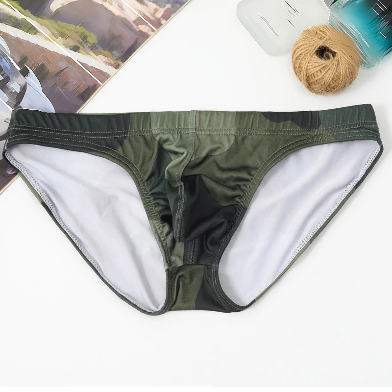 Sexy camouflage mens underwear silk glossy breathable raised pockets 250417