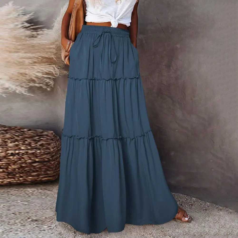 90s Retro Ruffle Skiing Maxi Shirt Retro Ruffle Holiday A-Line Boho High Waist Long Skiing Board Laminated Maxi Skiing Board M250424
