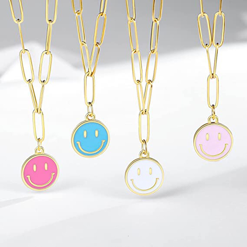 Top Source Gold Stainless Steel Rectangular Chain Colorful Smiling Face Pendant Women's Necklace Jewelry