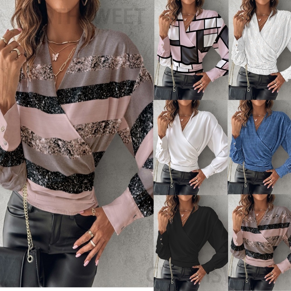 2023 Autumn Long sleeved Fashion V-neck Printed Womens Shirt Womens Wear