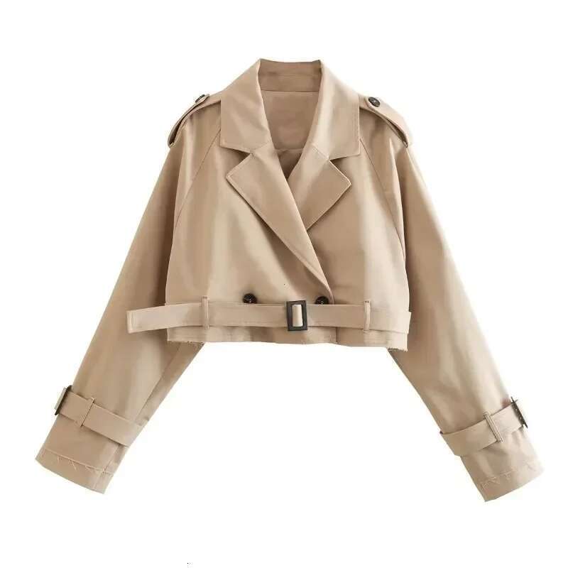 Designer Clothes Belt Cropped Trench Spring Jacket Women Vintage Streetwear Double Breasted Long Sleeve Top Female Coat Outfits