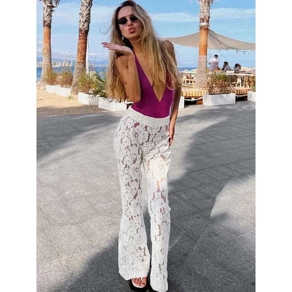 Wolfeel Sexy Perspective White Flare Summer Women Vacation High Waist Long Trousers Lace Beach Style Female Pants 2025