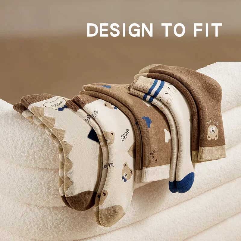 5 Pairs Winter Autumn Thicken Warm Kids Boys Half SOCKS Bear Striped Cute Cozy Soft Brushed Breathable CHIldren SOCKS G251124