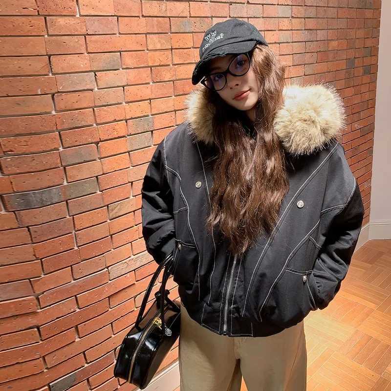 Autumn Winter Cotton Padded Jacket Women Outerwear Thick Warm Oversize Short Coat Female Hooded Long Sleeve Fur Collar Parkas J251124