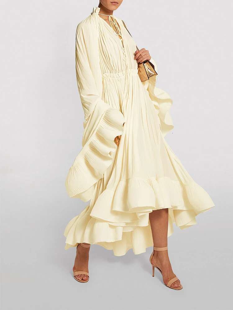 TWOTWINSTYLE Elegant Solid Dresses For Women V Neck Cloak Sleeves High Waist Spliced Lace Up Ruffles Pleated Dress Female Summer