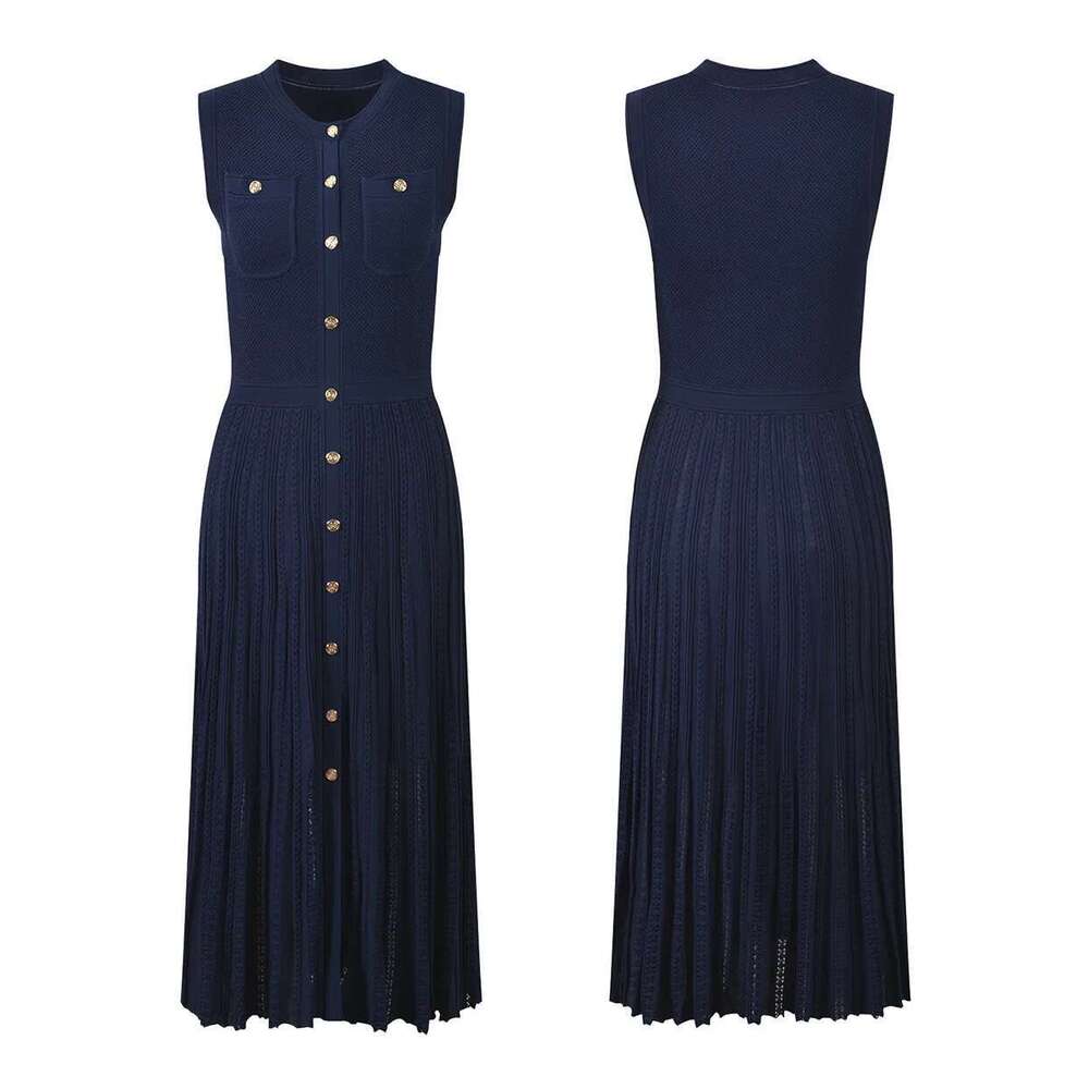 Designer Women's Clothing Hollow Vest Dark Blue Slim Long Single-Breasted Knitted Party Skirt 2025 Spring New Style Birthday Dress For Women