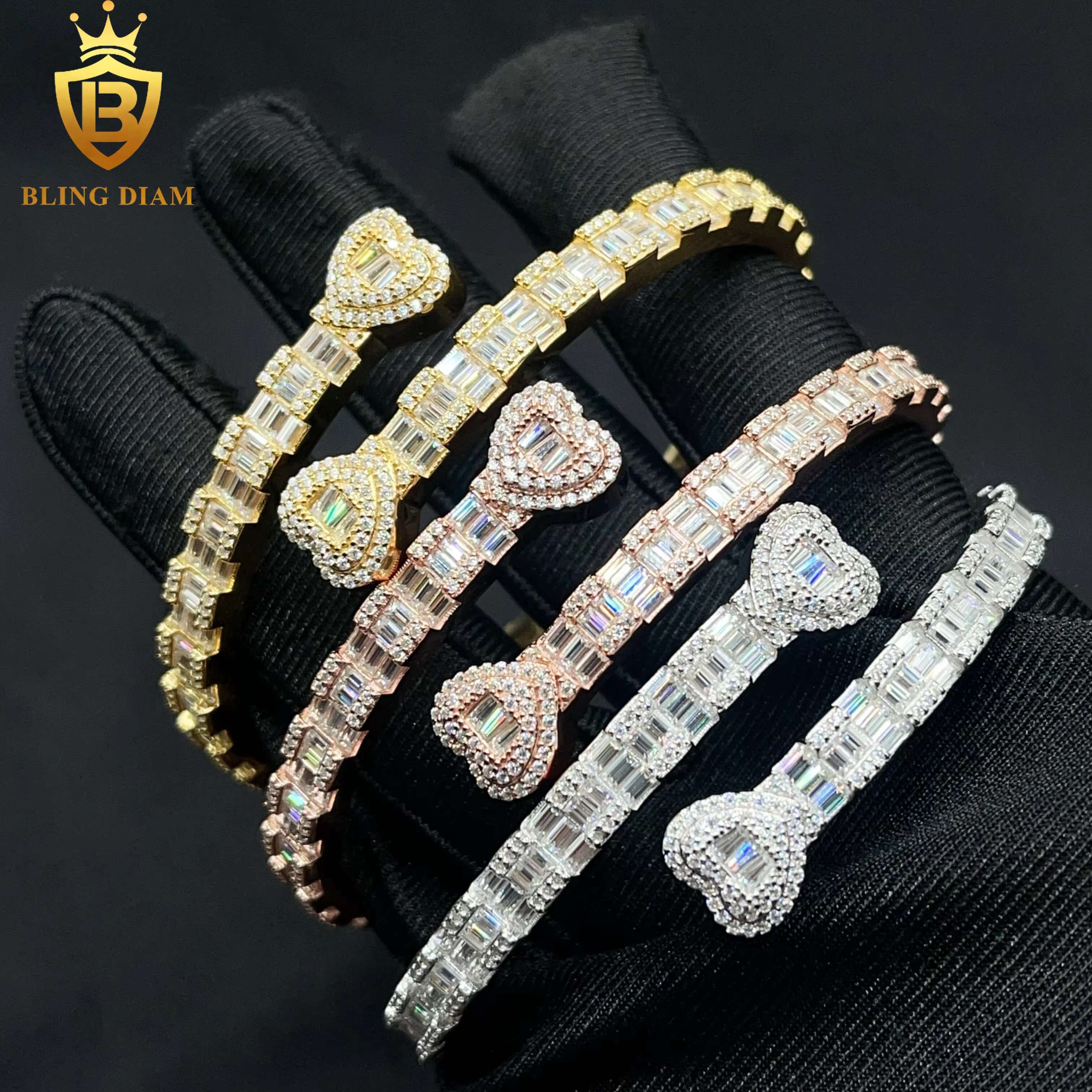 5.8mm Heart Design Fashion Jewelry Open Bracelet 925 Sliver Iced Out Baguette Moissanite Bracelets