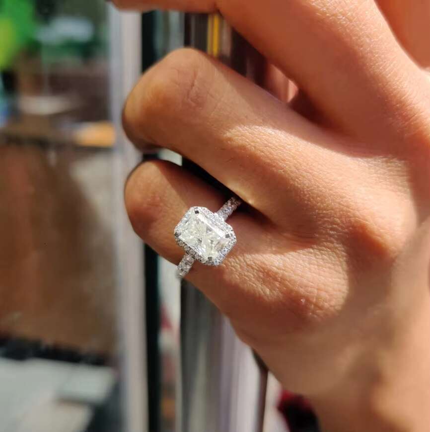 2.83 CTRadiant Cut Hidden Halo Pave Moissanite Engagement Ring 14k Gold