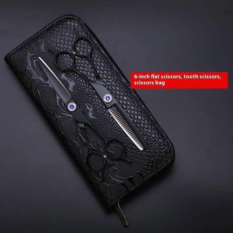 6.0Inch Electroplated Black Seamless Flat and Tooth Hairdressing Salon Barber Professional Hair-cutting Scissors Set