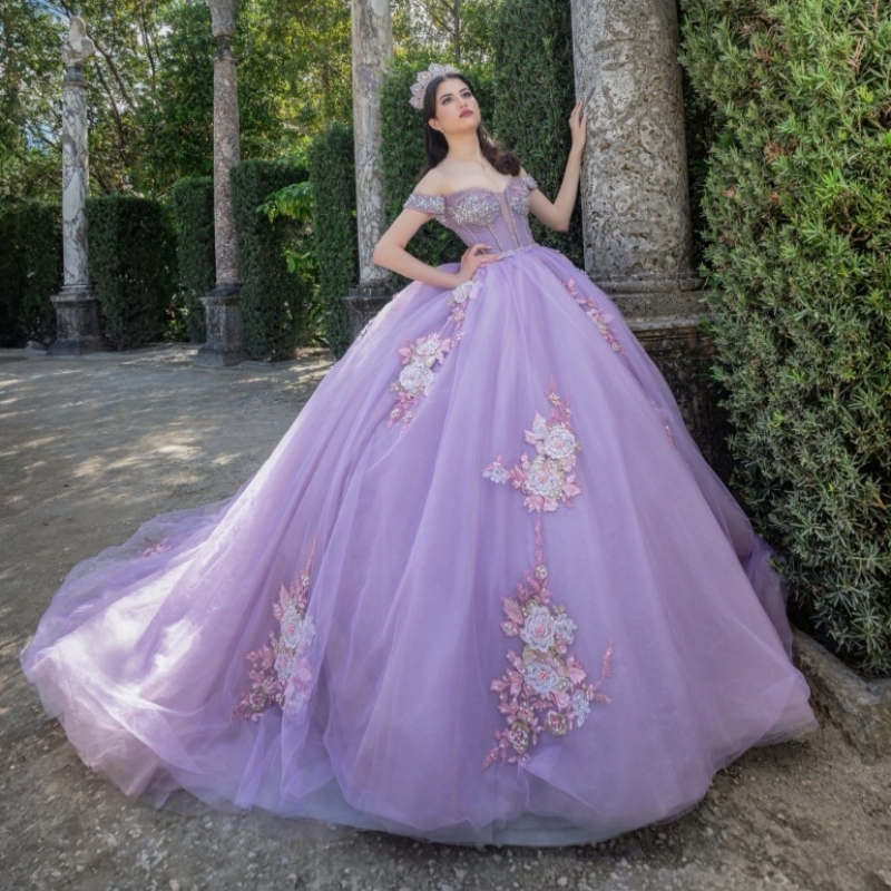 Lilac Shiny Princess Quinceanera Dresses Off Shoulder Applique Lace Beading Crystal Tull Sweet 16 Dress Ball Gown Vestidos 15 De Anos