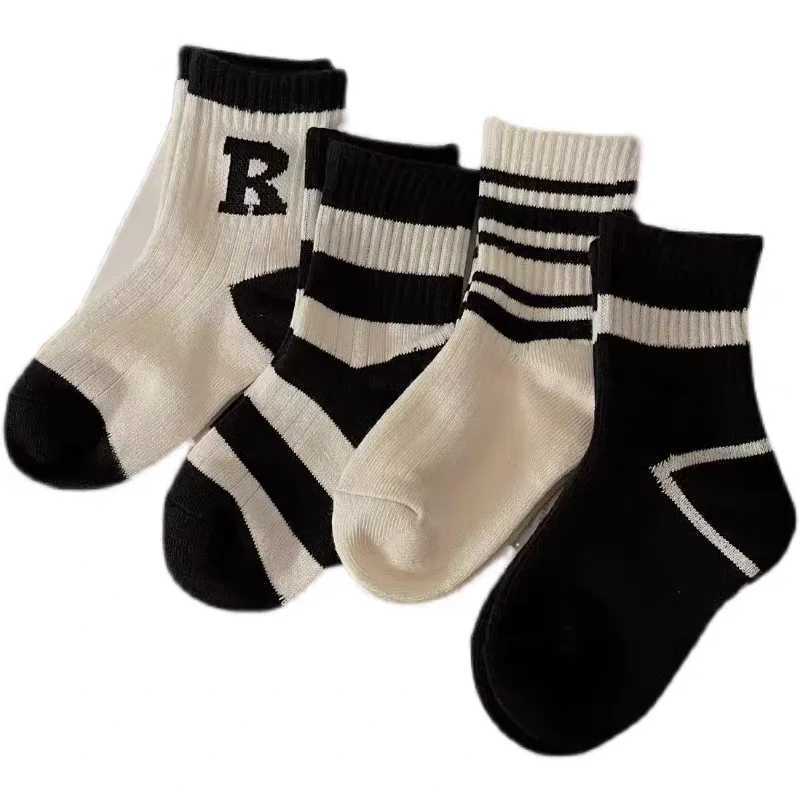4Pairs Letter Striped Thick Warm Cotton Kids Half Socks Cute Cozy Sports Soft Breathable Brushed Childrens Sock For Boys Girls G251124