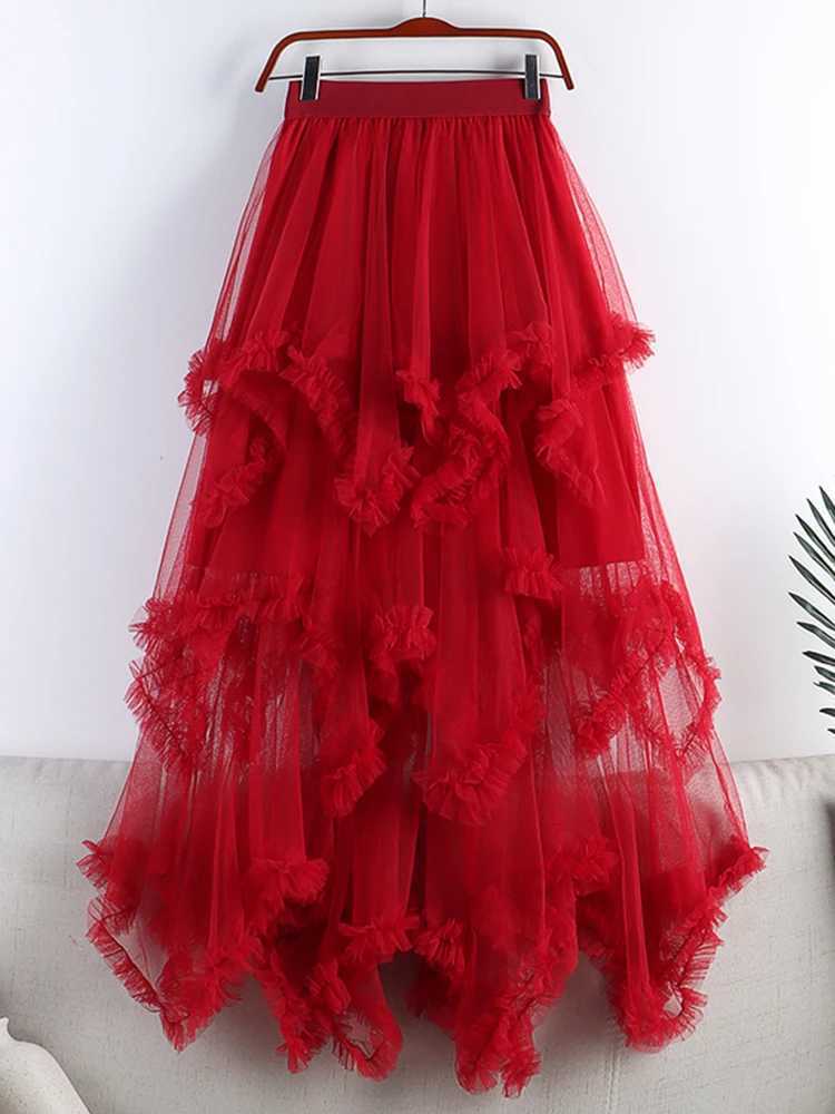 TIGENA TUTU TULLE Womens Long Dress Summer Korean Beauty Cute Irregular Mesh High Waist Long Dress Womens M250424