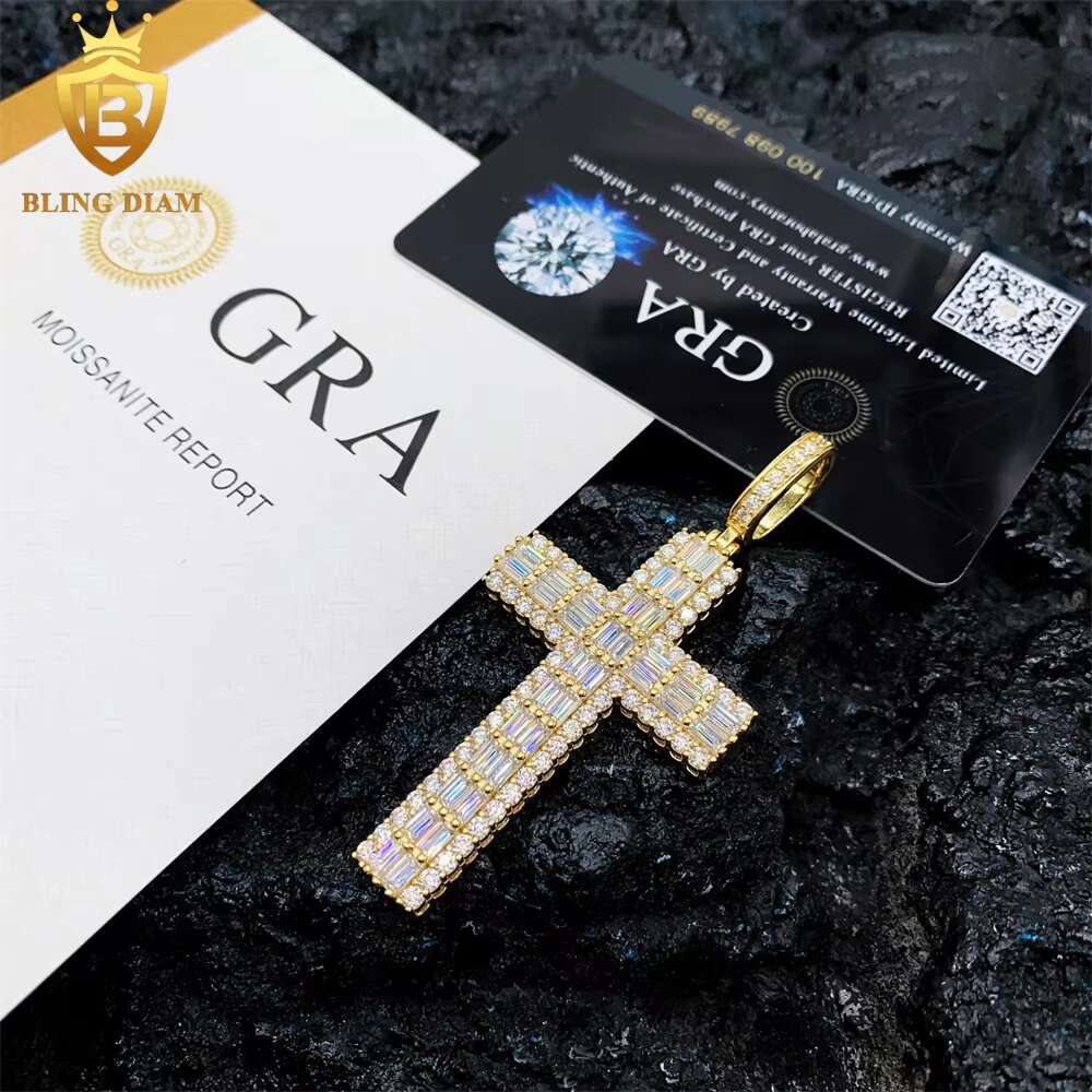 Hip Hop Jewelry 925 Sterling Silver Iced Out Baguette Moissanite Diamond Cross Pendant 2 Size