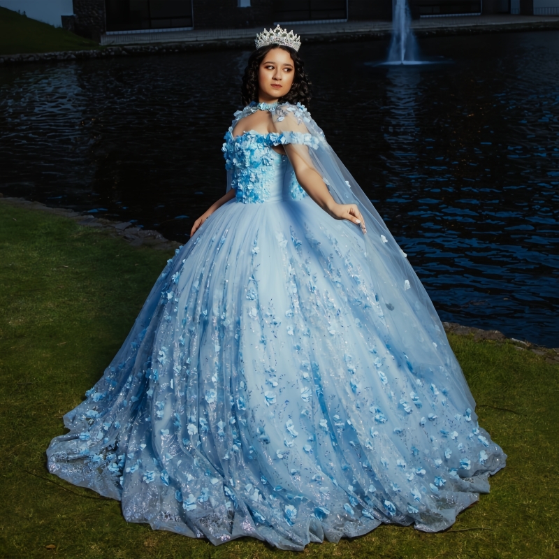 Sky Blue Quinceanera Dresses Off Shoulder Ball Gown Sweet 16 Dress Applique Flower Beading Crystal Tull With Cape Birthday Party Vestidos 15 Anos