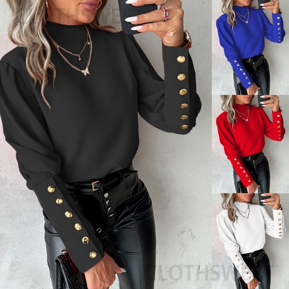 2024 Spring and Autumn Long sleeved Solid color Lace Round neck Button up Shirt for Women