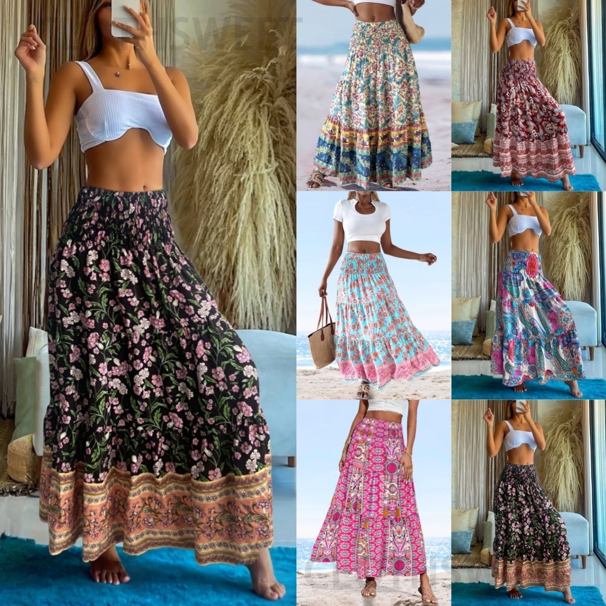 2025 Summer High Waist Elastic Waist Loose Printed Long Skirt for Women