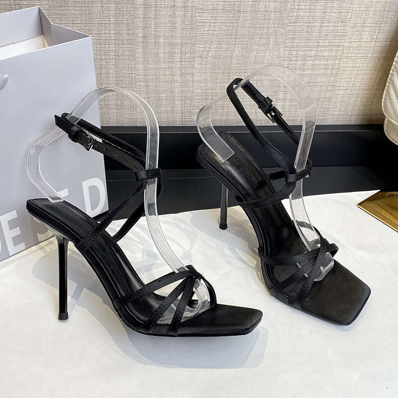 Woman Sandals Sandals Women S Summer New One Line Buckle Square Head Open Toe Strap Sexy Black Temperament High Slim Heels