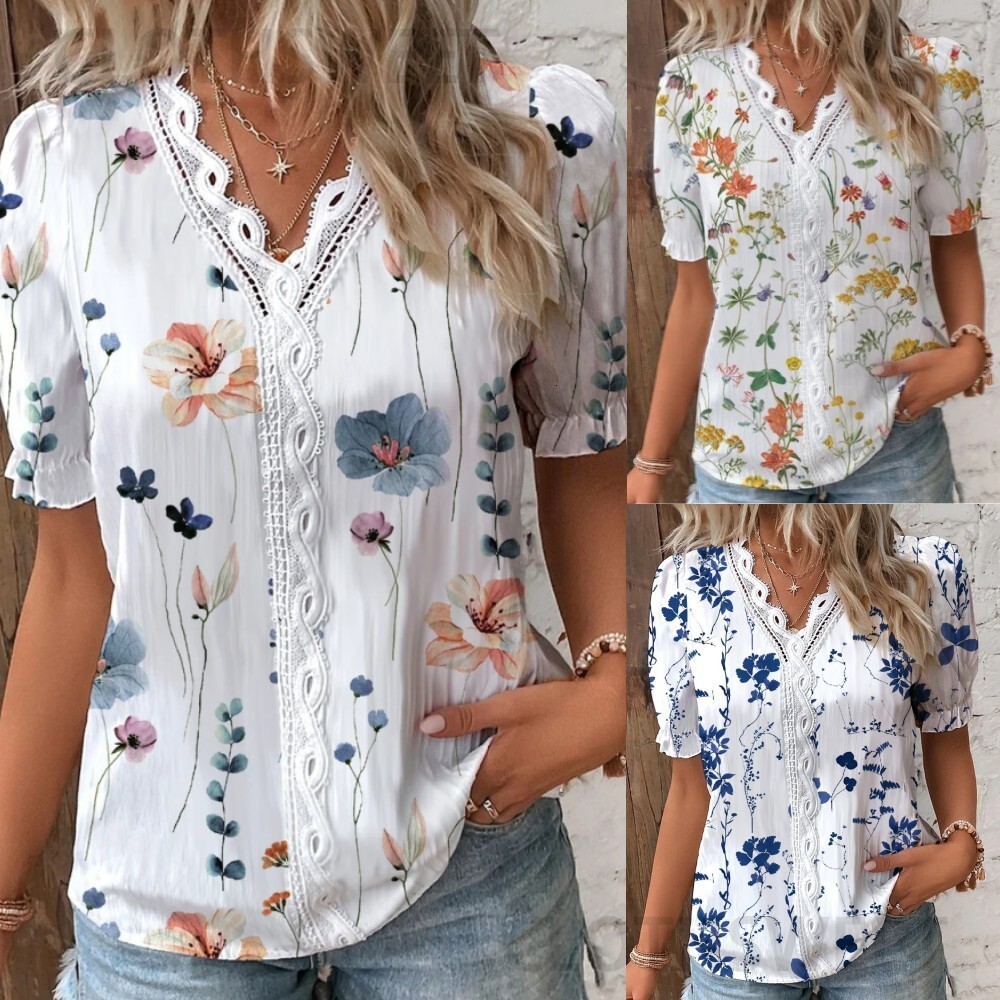 2023 Summer V-neck Lace Splicing Printed Shirt Womens Shirt
