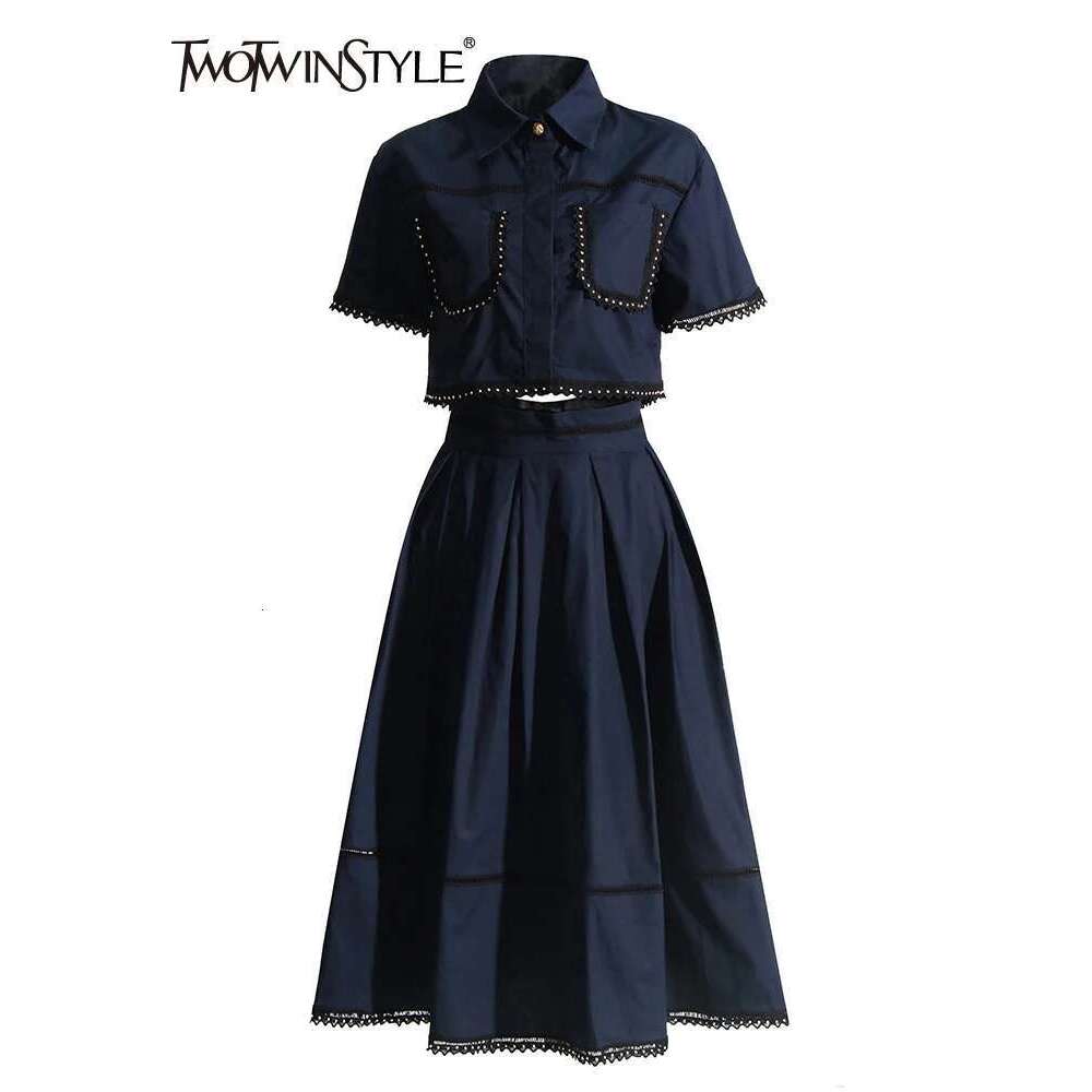 Designer Clothes TWOTWINSTYLE Solid Summer Two Piece Sets For Women Lapel Short Sleeve Tops High Waist A Line Skirt Slim Set Female Fashion New