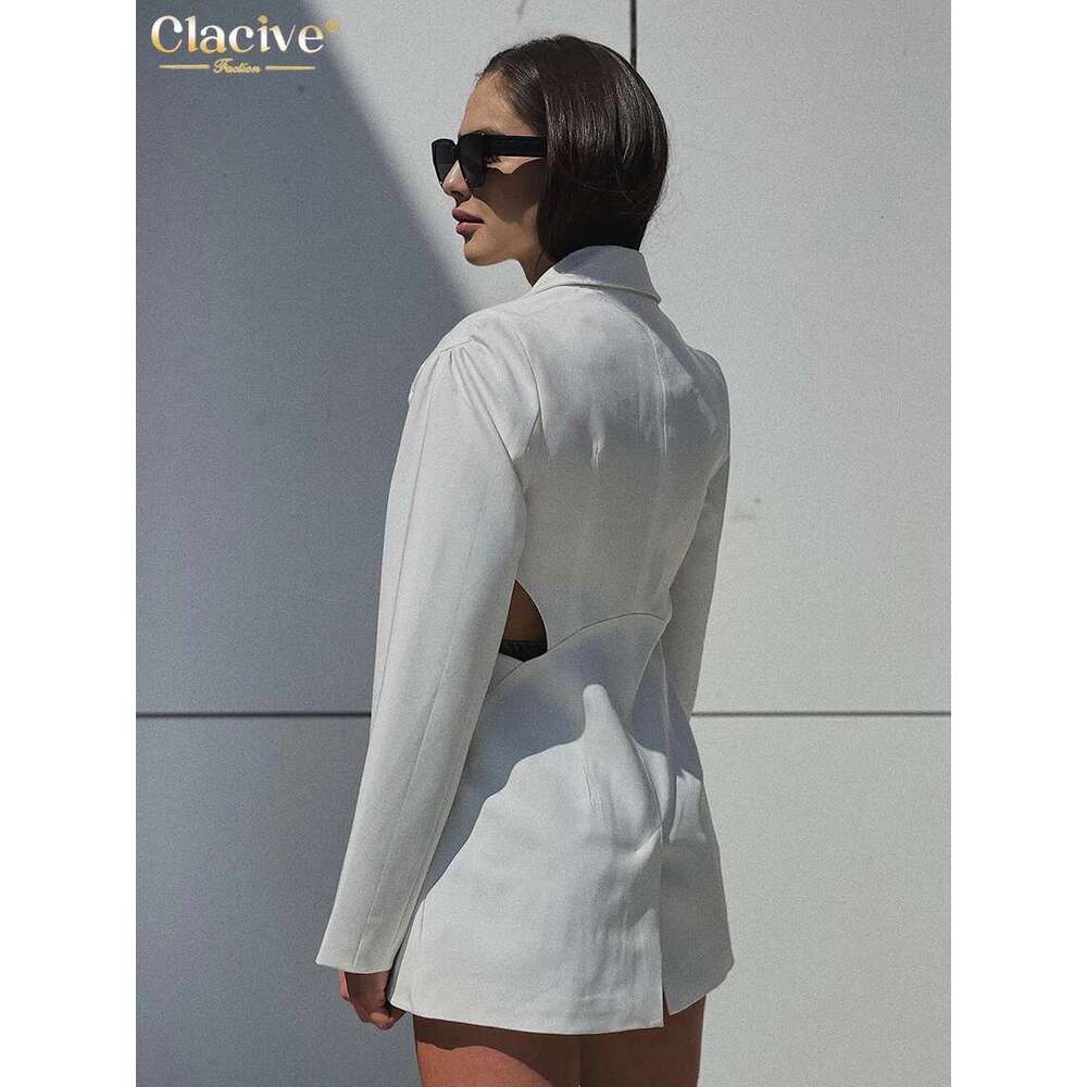Clacive Sexy Slim White Women's Blouse 2025 Fashion Lapel Long Sleeve Shirt Elegant Classic Hollow Out Top Female Clothing