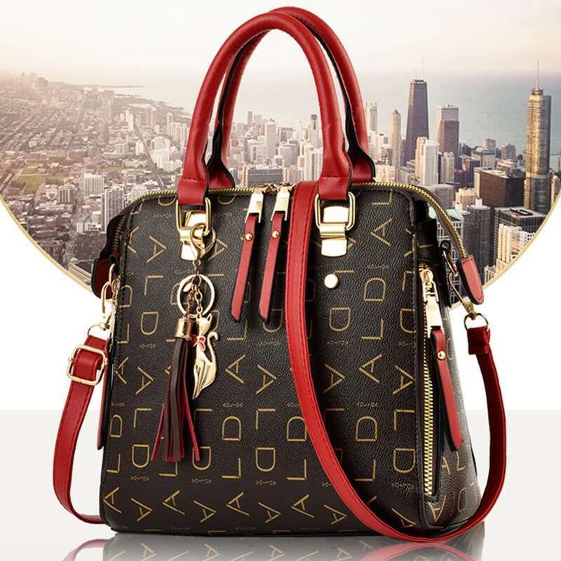 Fashion English Letter Handbag Women PU Leather Tassel Top-Handle Shoulder Bag Large Capacity Lady Tote Design Purse