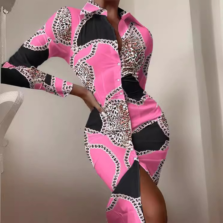 2021 autumn long sleeve V-neck waist print dress shirt skirt women