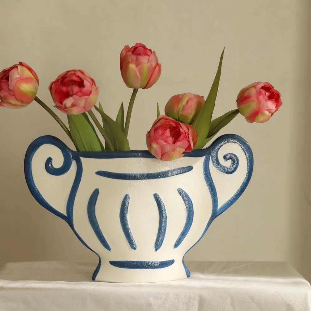 Nordic Ins Hand-painted Striped Shape Ceramic Vase Ornaments Living Room Bedroom Flower Arrangement Art Vases Wedding Decoration C251124