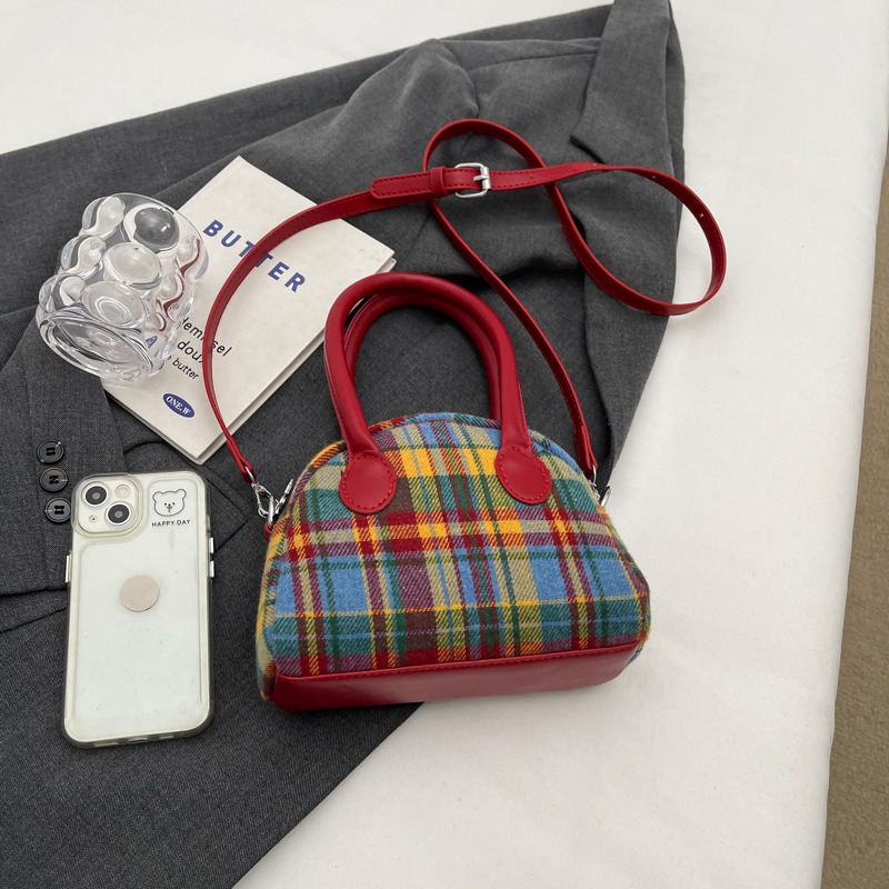 Fashion handbag spring new contrasting color plaid niche messenger bag shell bag