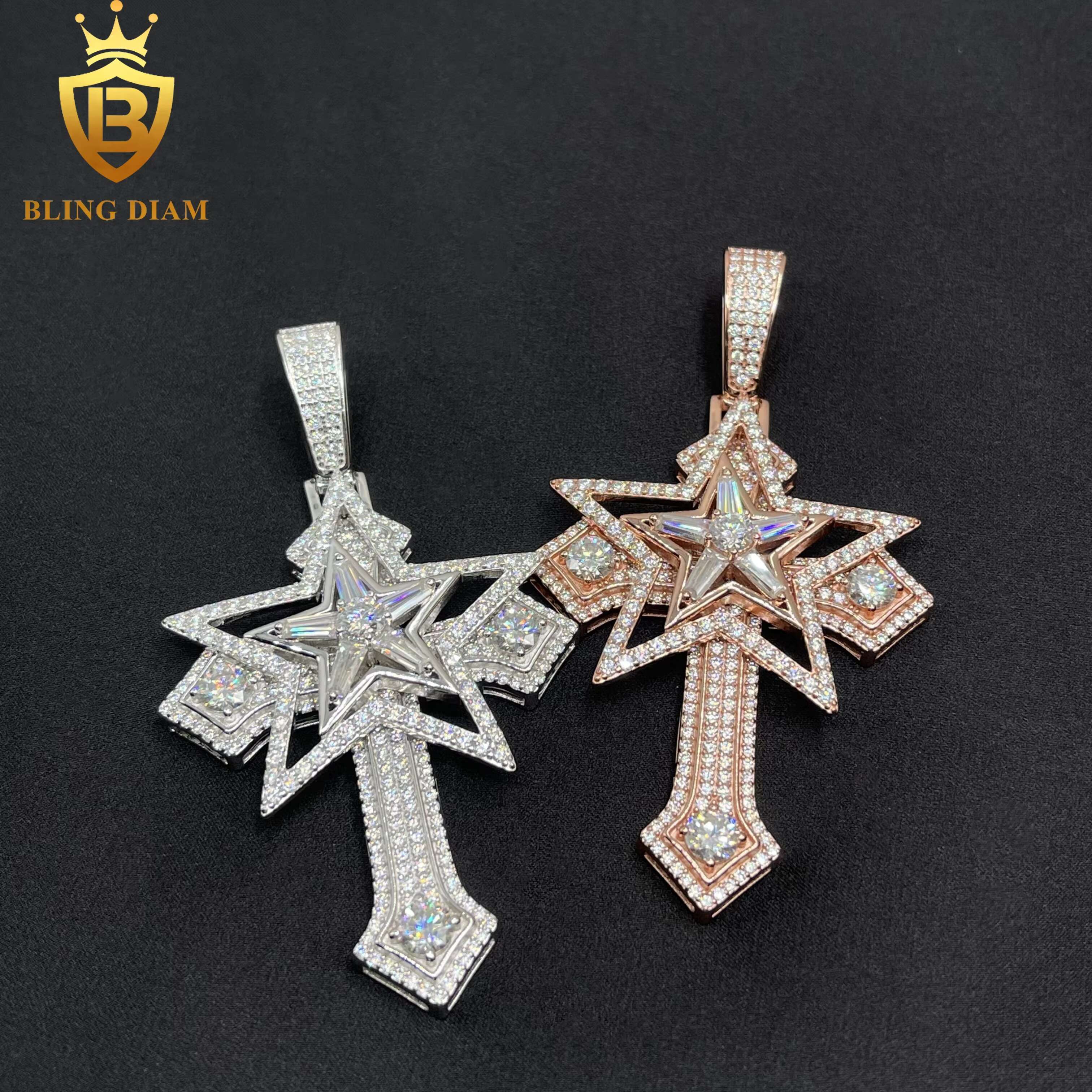 New Design Star Cross Pendant Hip Hop Jewelry Necklace VVS Moissanite 925 Sterling Silver Stainless Steel
