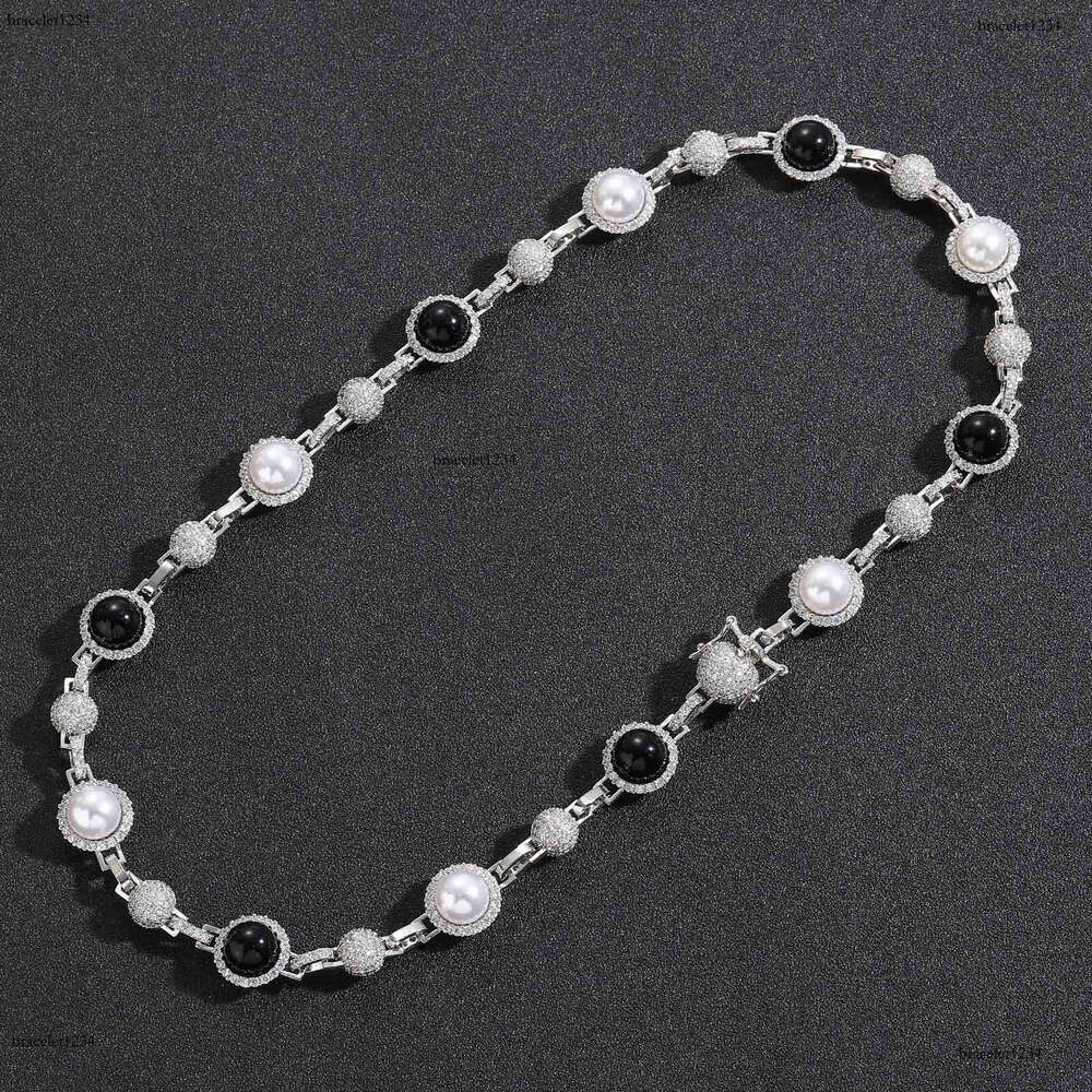 Luxury hip hop micro-inlaid sterling silver ice out VVS Moissanite black and white pearl necklace, men and women's cascading chain Free delivery