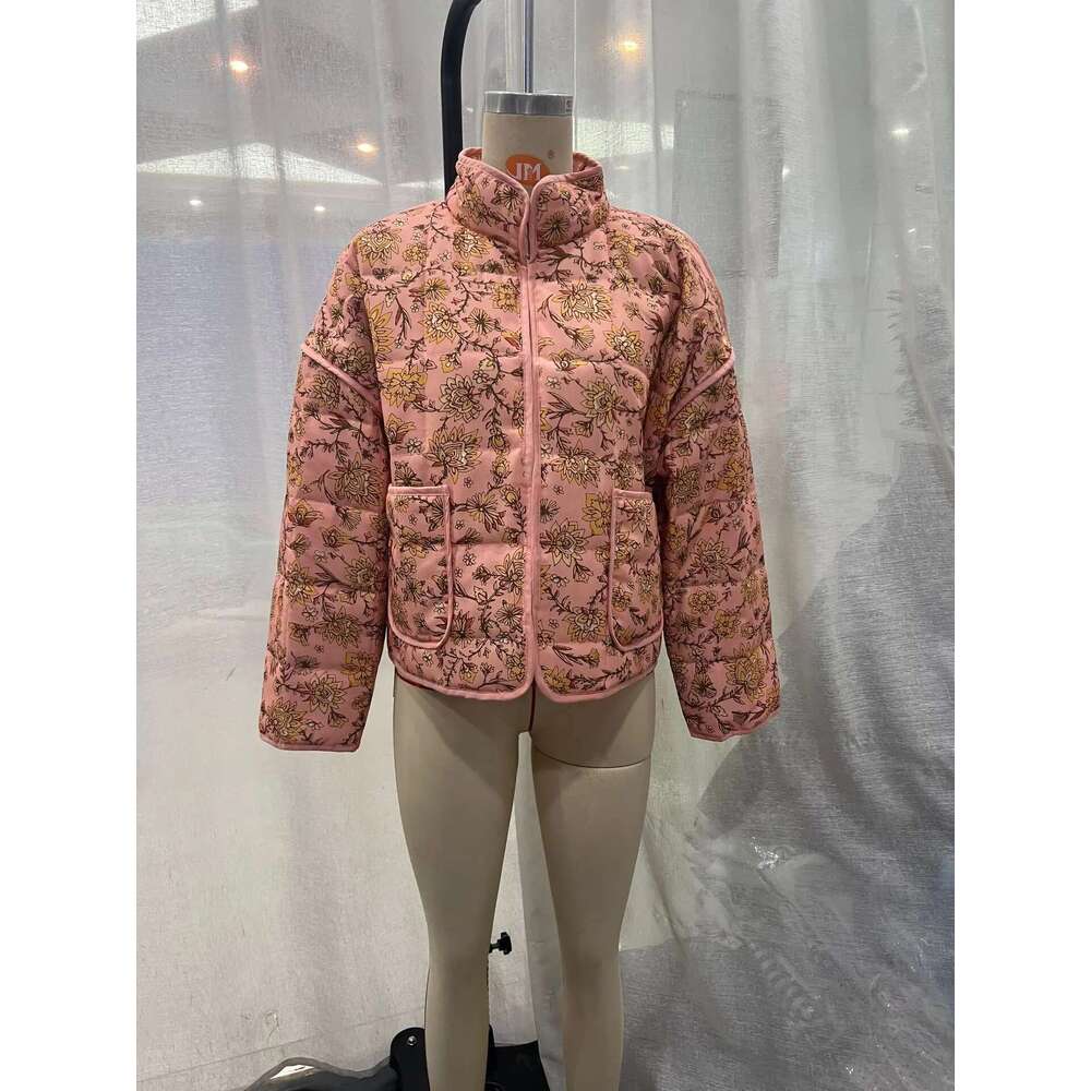 Designer Clothes Print Quilted Cotton Jacket Women Fashion Long Sleeved High Neck Coats Female Single Breasted Loose Coat Autumn New Outerwear