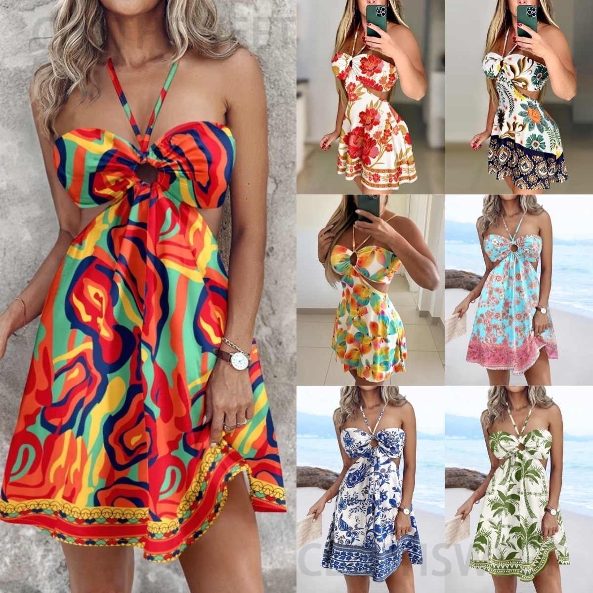 2025 Summer Printed Sexy Off Shoulder Hanging Neck Hollow Out Dress for Women