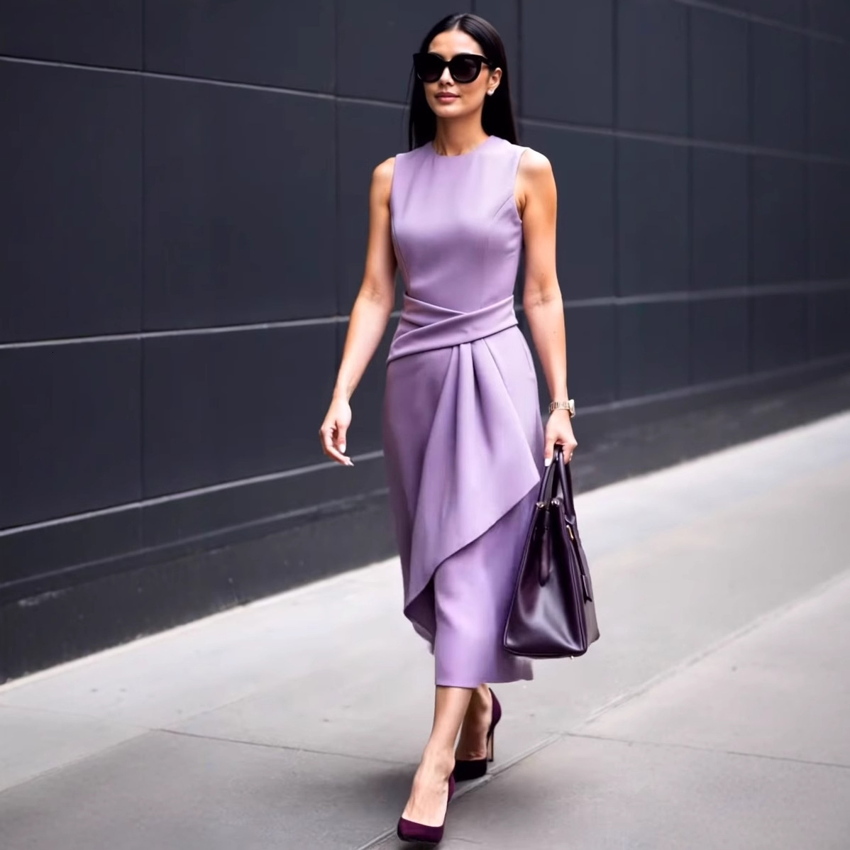 2025 Summer Solid Color Temperament Waist Sleeveless Asymmetric Dress for Women