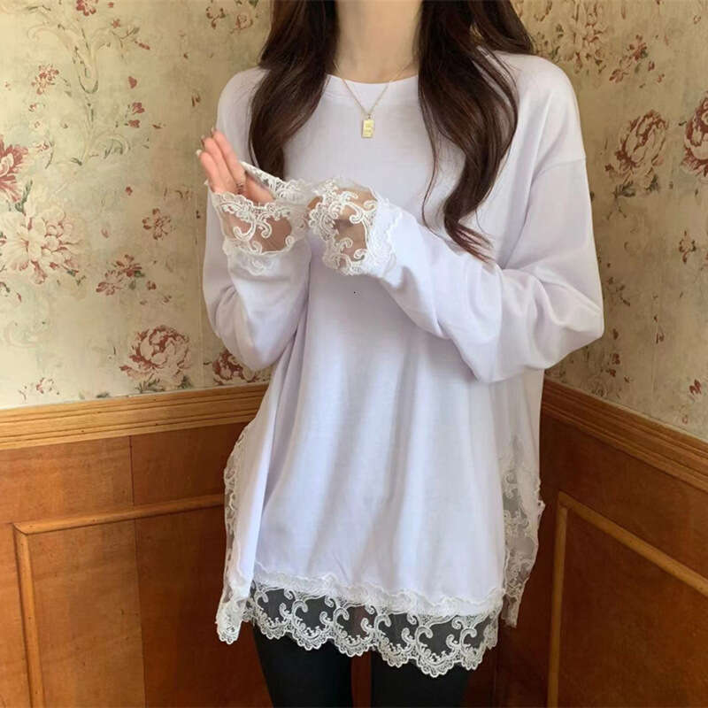 2025 Spring Women's New Lace Splicing Round Neck Bottom Shirt American Long Sleeve White Cotton T-Shirt For Women