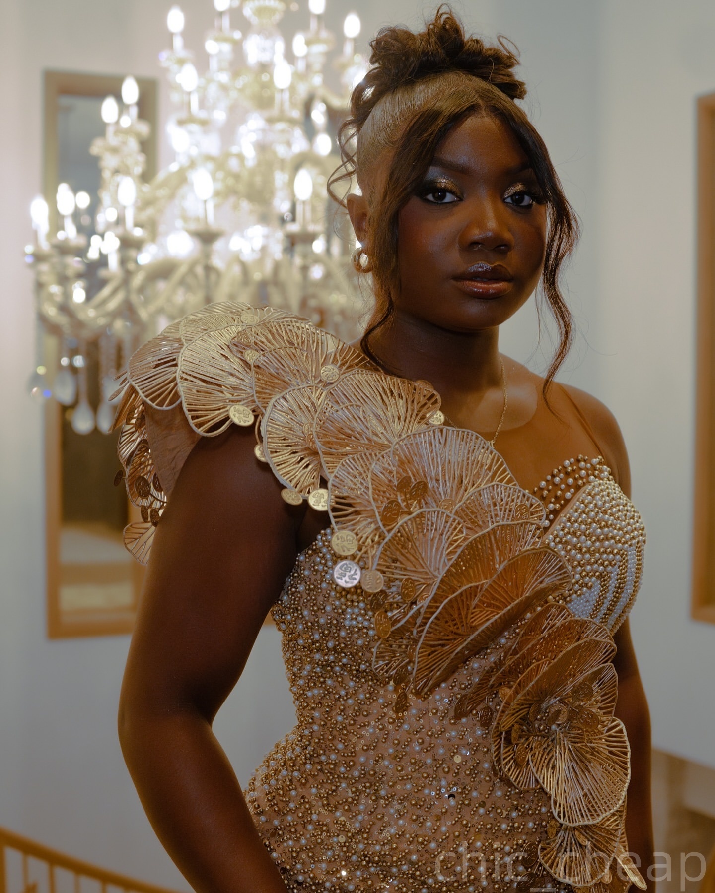 Mermaid Gold Plus Size Prom Dresses 2025 Pearls Florals Sequined High Split Evening Formal Party Second Birthday Engagement Gowns Dress For Special Oc