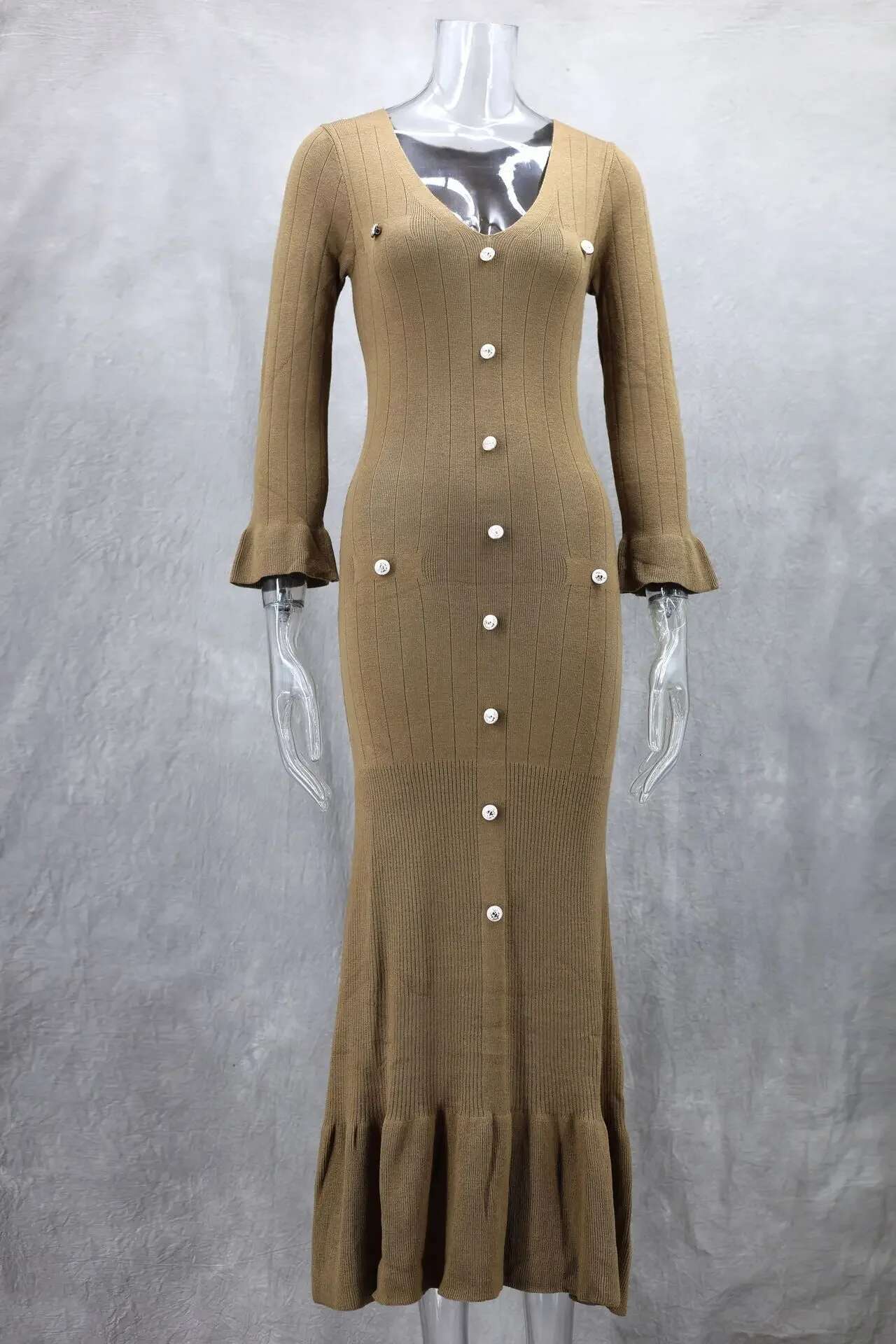 Knit V-Neck Women Full Sleeve Button Bodycon Long Dress 2025 Spring Slim Sexy Night Club Birthday Party Evening Dresses