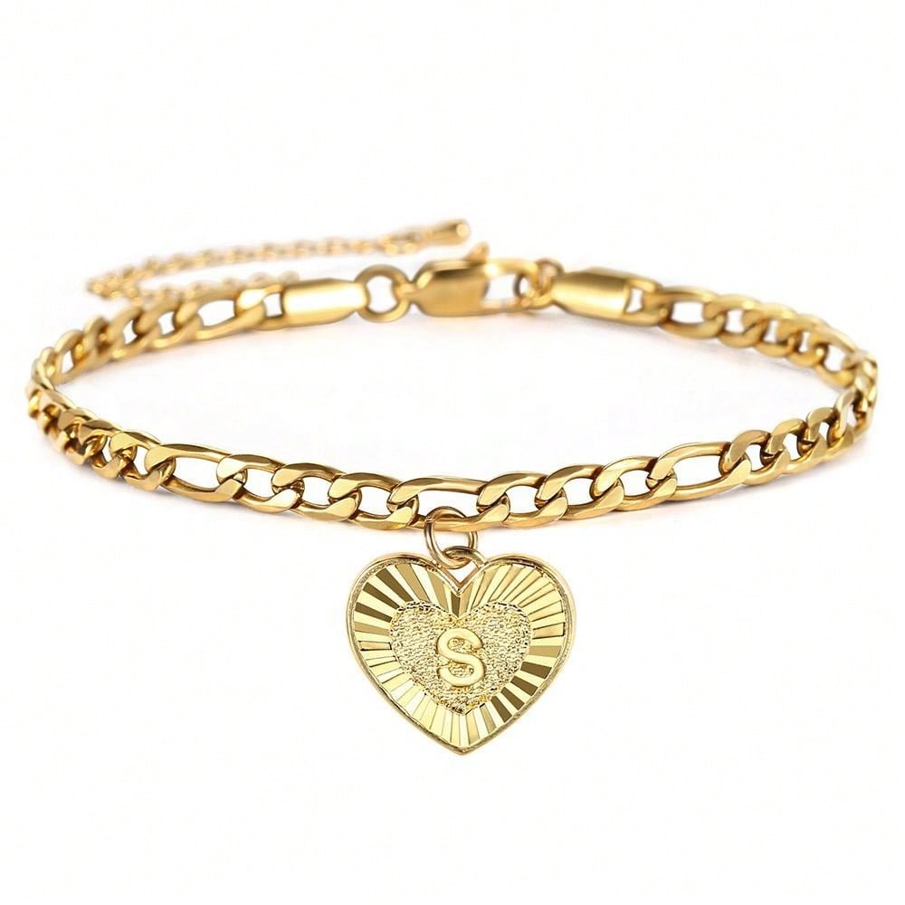14k Gold Plated Stainless Steel Letter Figaro Chain Anklet for Women Men Friendship 8inch+4inch Initial Heart Anklet Gifts