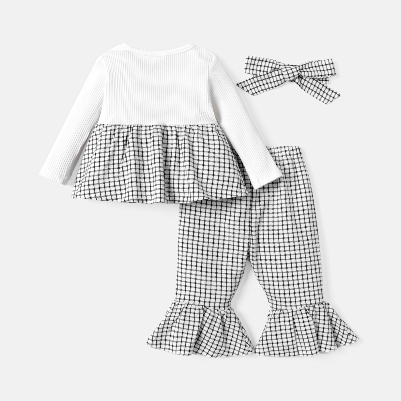 PatPat 3pcs Baby Girl Solid Cotton Ribbed Long-sleeve Faux-two Gingham Print Bow Front Top and Flared Pants & Headband Set