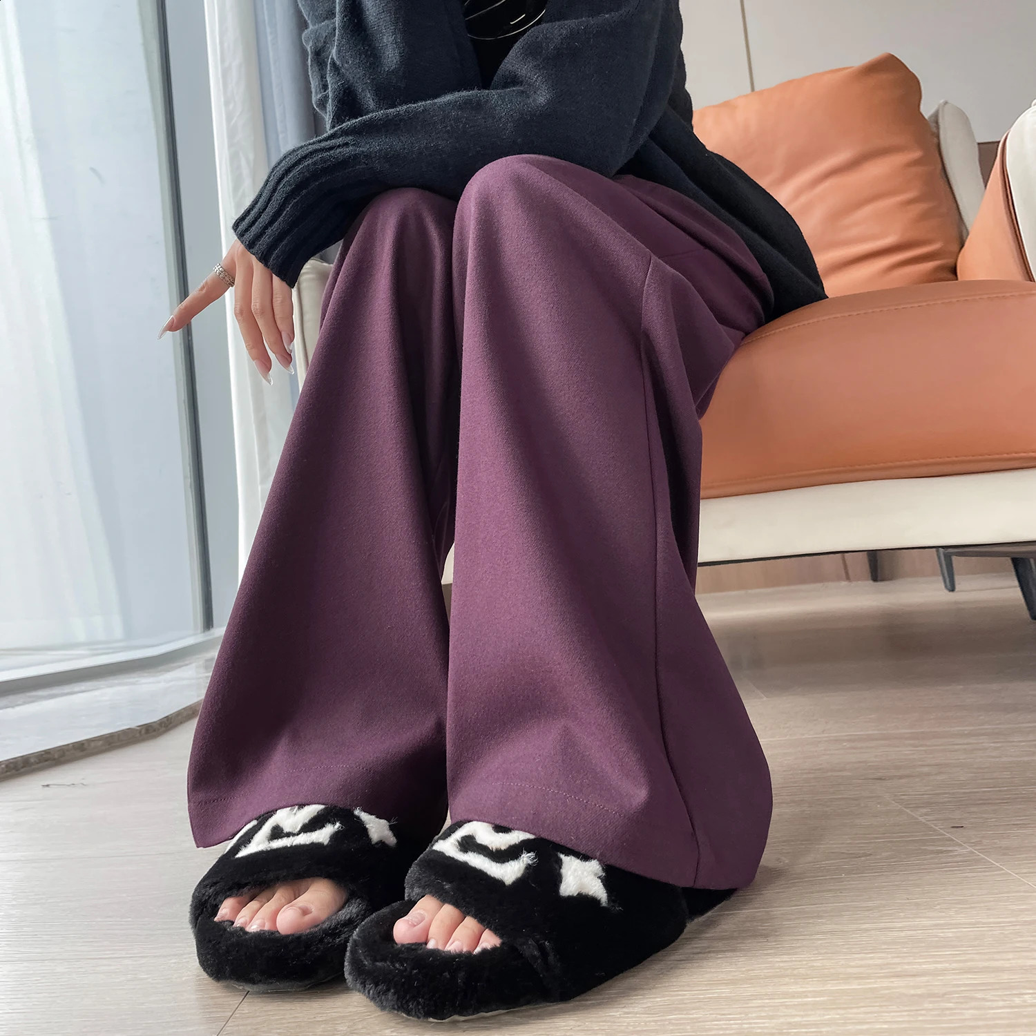 Autumn Winter Red Woolen High Waist Suit Wide Leg Womens Full Pants Female Elegant Straight Casual Loose Trousers 250421