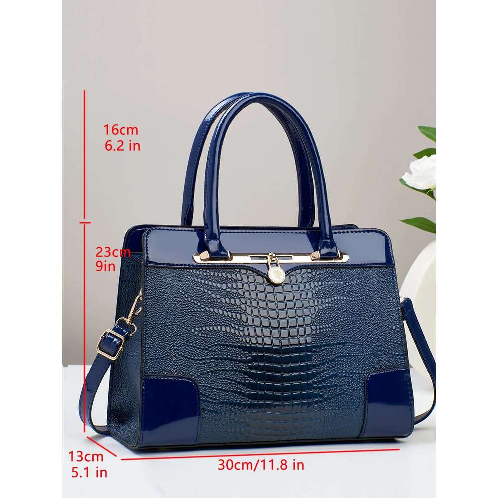 Luxury Designer Crocodile Pattern Handbag, Women Large Capacity Crossbody Bag, Fashion Glossy Satchel Purse