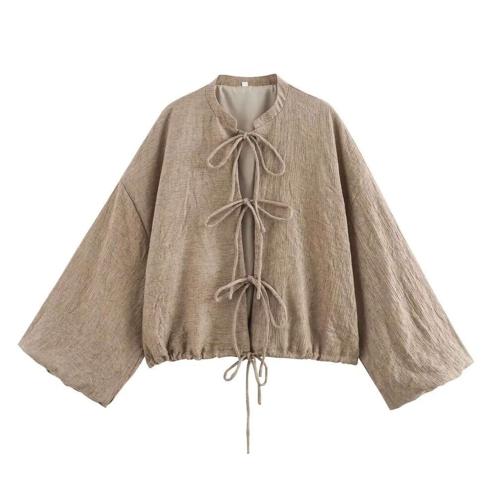 Designer Clothes ZBZA Women's Wide-Sleeved Tie Jacket Round Neck Long-Sleeved Single-Breasted Cuffed Top Spring Summer New Casual Chic Outerwear