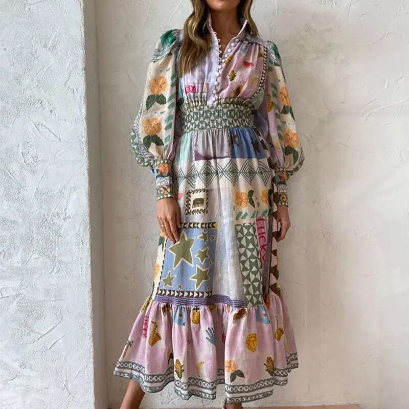 New European And American Women's Fashion Retro Lantern Print Long Sleeve Swing Dress Woman