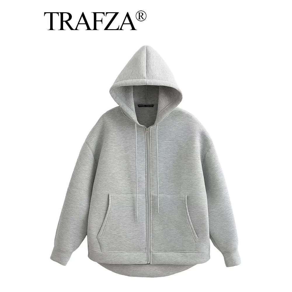 TRAFZA Autumn Women Gray With Hood Long Sleeve Big Pocket Zipper Jacket Woman Loose Casual Outerwear Coat Tops