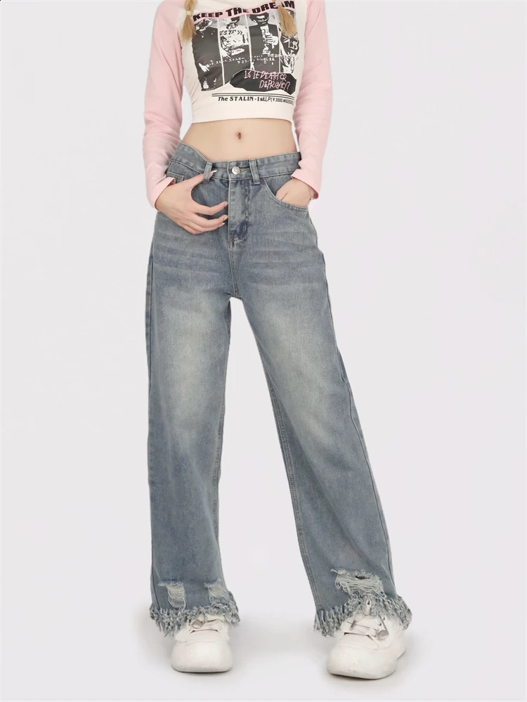 Womens damaged tassel edge n straight blue jeans for young girls casual bottom women high waist wide legs Trouser 250417