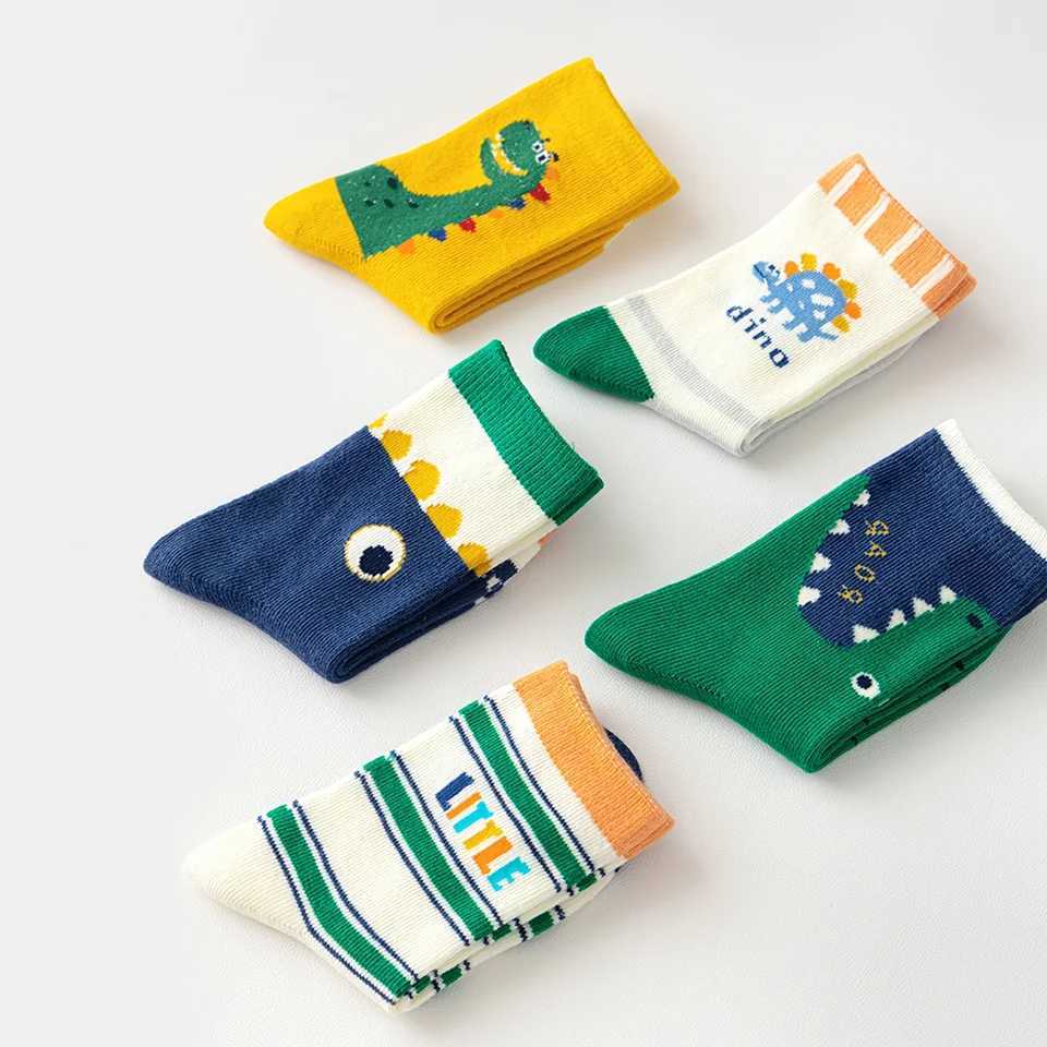 5 Pairs of CHIldrens Floor SOCKS with Letter Stripes BigEyedD inosaurP atternB oysa ndG irlsB abyT oddlerS oftSoledIn doorNo nSlipMid CalfSock sSuit a