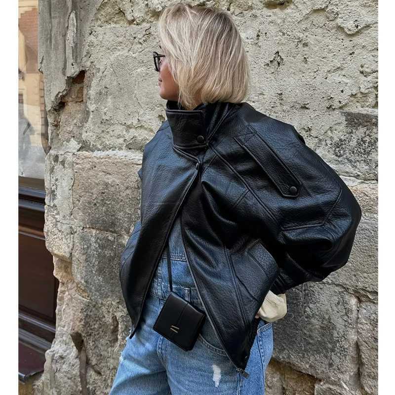 MUJER Black Bomber Jackets for Women Office Faux Leather Womens Jacket Snap Button Winter Coats for Women Overcoat Outerwears J251124