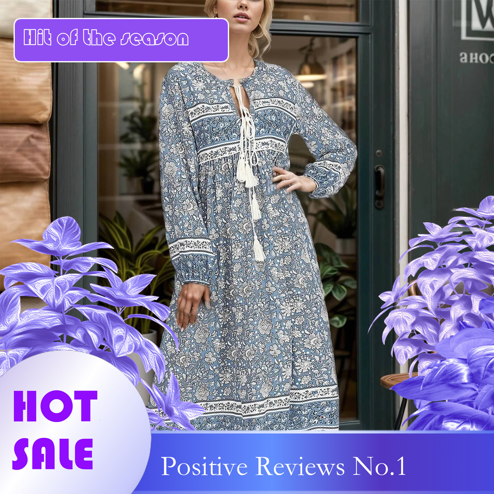 Dongdumaoyi Vintage Chic Women Tie Neck Long Sleeve Floral Porcelain Print Beach Bohemian Maxi Dresses Ladies Rayon Cotton Boho Dress Robe