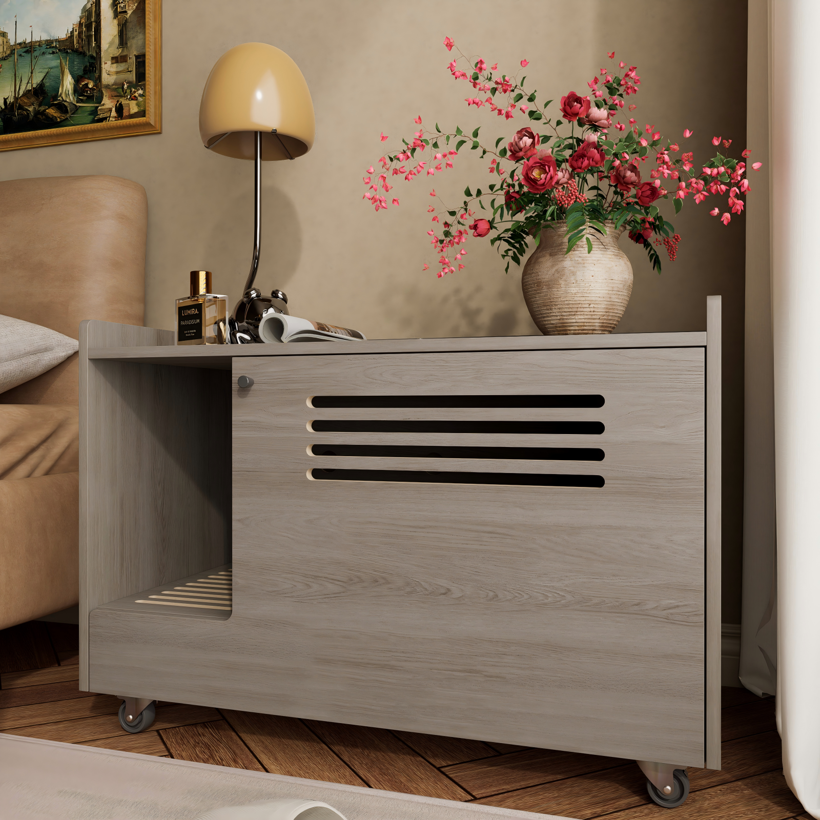 Gray Cat Litter Box Enclosure, Furniture with top side fence,Wooden Pet House Side End Table, Storage Cabinet Bench for Living Room,,Bedroom, Fit Most