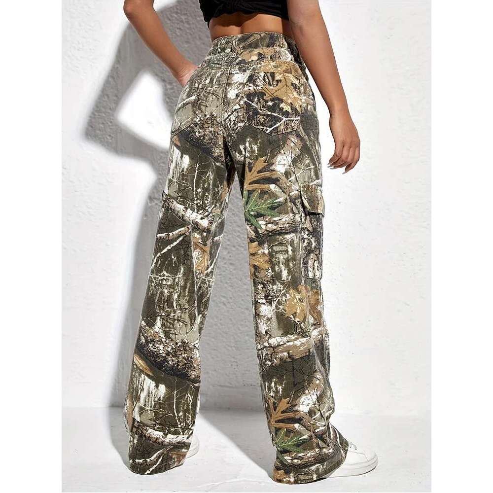 Camouflage Denim Trousers For Women High Waist Patchwork Button Colorblock Loose Wide Leg Pants Female Autumn Clothes