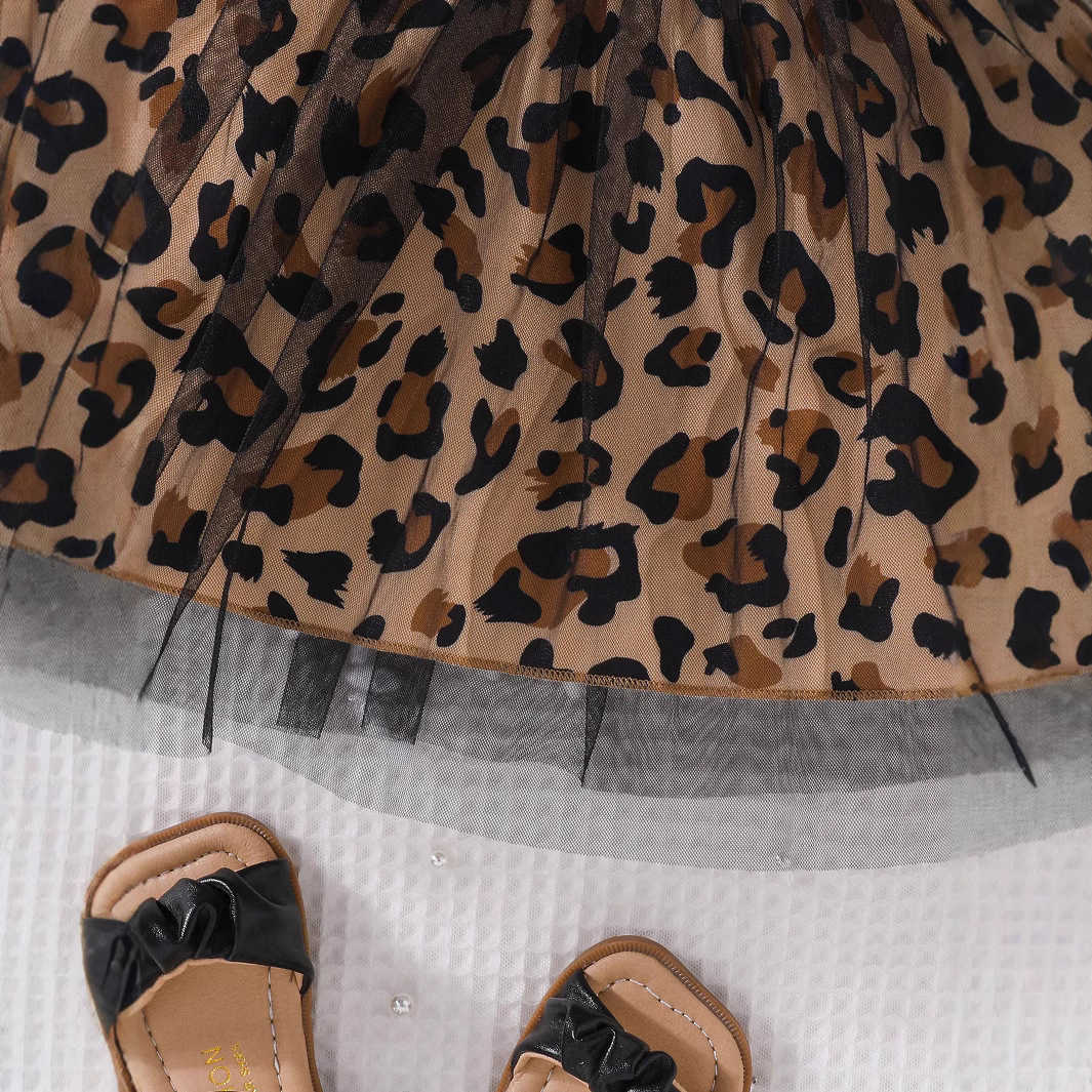 Girls Leopard Pattern Summer Girls Dress 2025 New Fashionable Girl Printed Splicing Leopard Pattern Mesh Skirt Y2504233sky